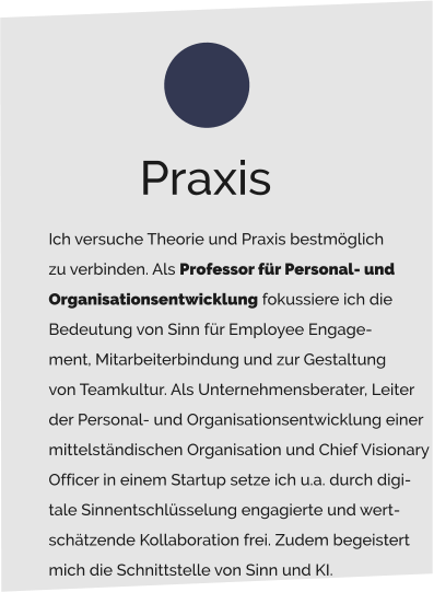 Ich versuche Theorie und Praxis bestmöglich  zu verbinden. Als Professor für Personal- und  Organisationsentwicklung fokussiere ich die  Bedeutung von Sinn für Employee Engage- ment, Mitarbeiterbindung und zur Gestaltung  von Teamkultur. Als Unternehmensberater, Leiter der Personal- und Organisationsentwicklung einer  mittelständischen Organisation und Chief Visionary  Officer in einem Startup setze ich u.a. durch digi- tale Sinnentschlüsselung engagierte und wert- schätzende Kollaboration frei. Zudem begeistert  mich die Schnittstelle von Sinn und KI.  Praxis